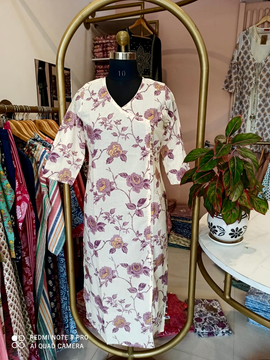 Cream Purple "Gold" Angrakha Cotton Kurta - XXL