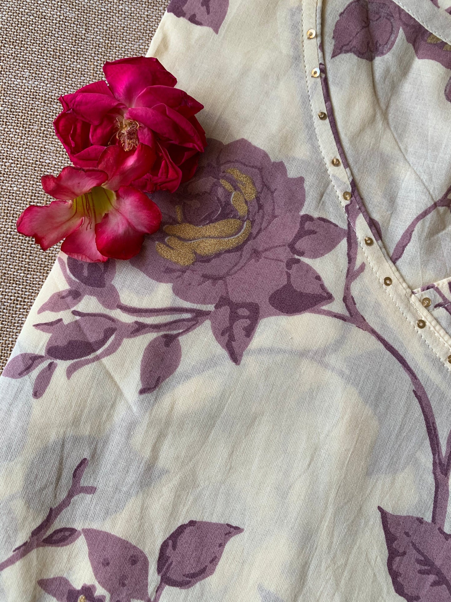 Cream Purple "Gold" Angrakha Cotton Kurta - XXL