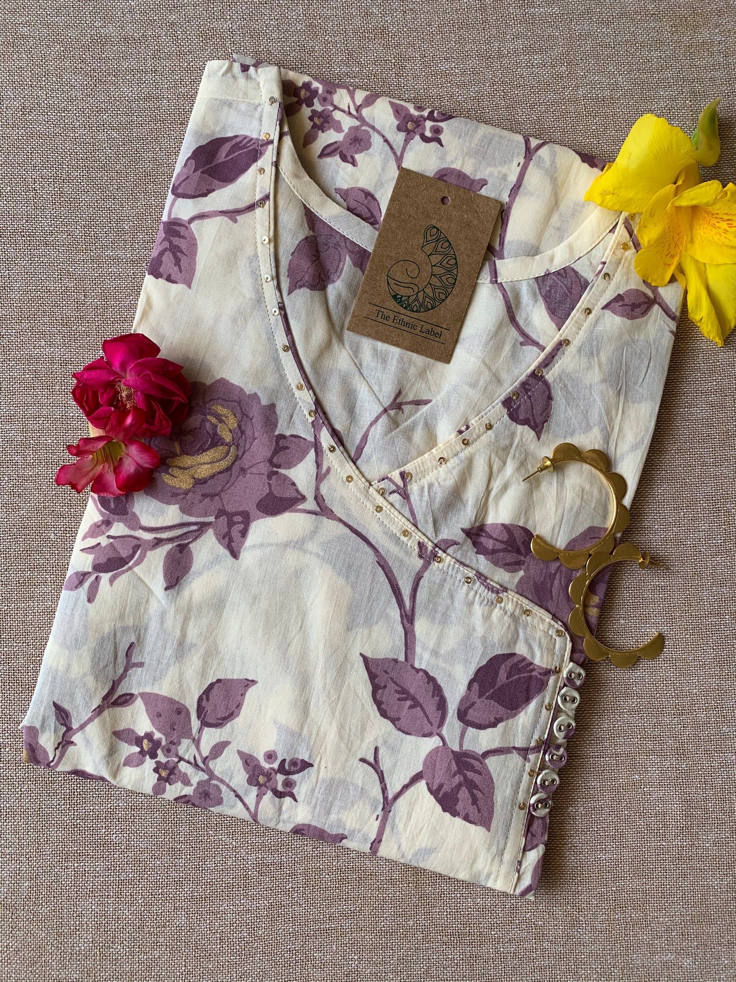 Cream Purple "Gold" Angrakha Cotton Kurta - XXL