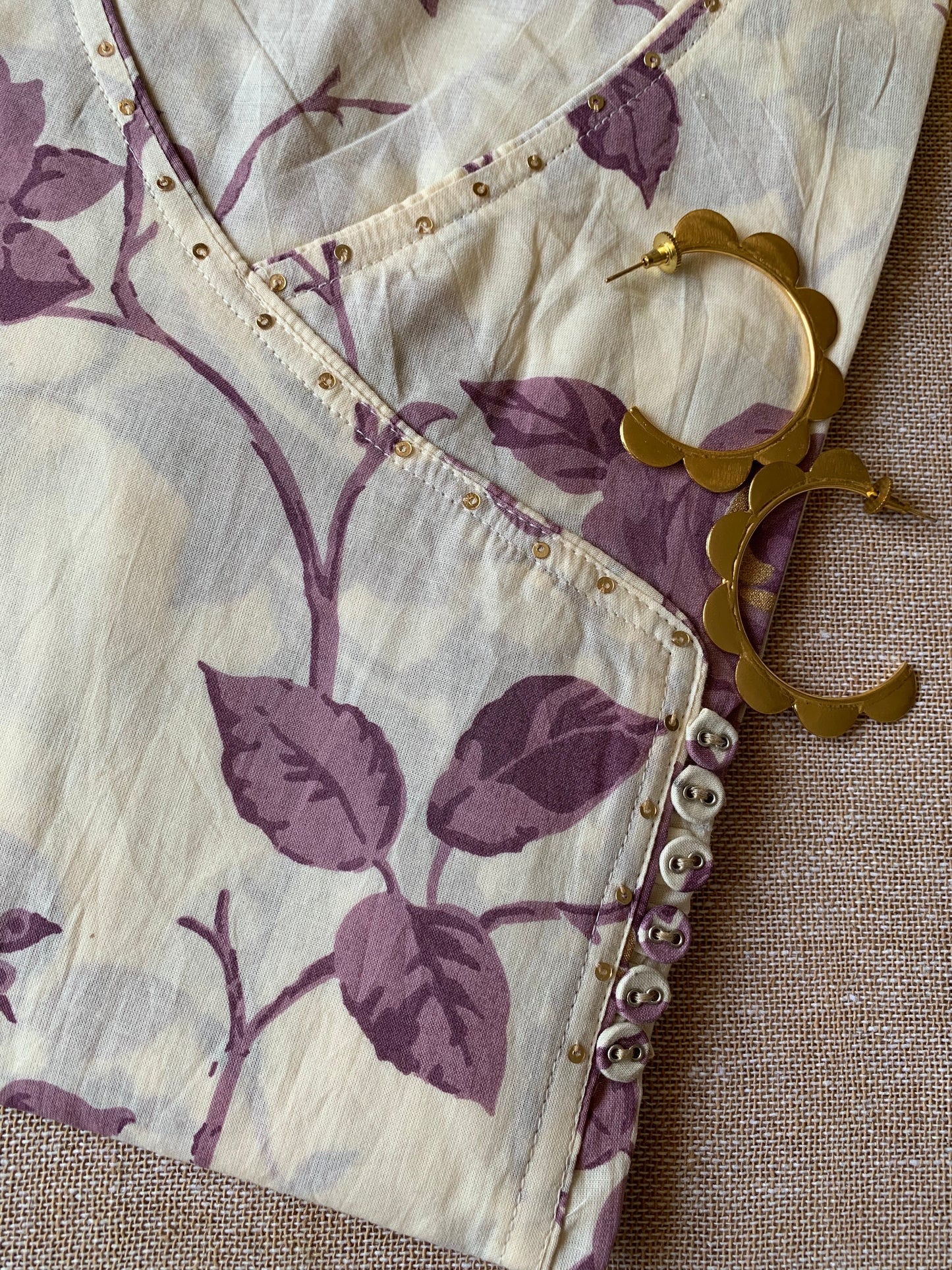 Cream Purple "Gold" Angrakha Cotton Kurta - XXL